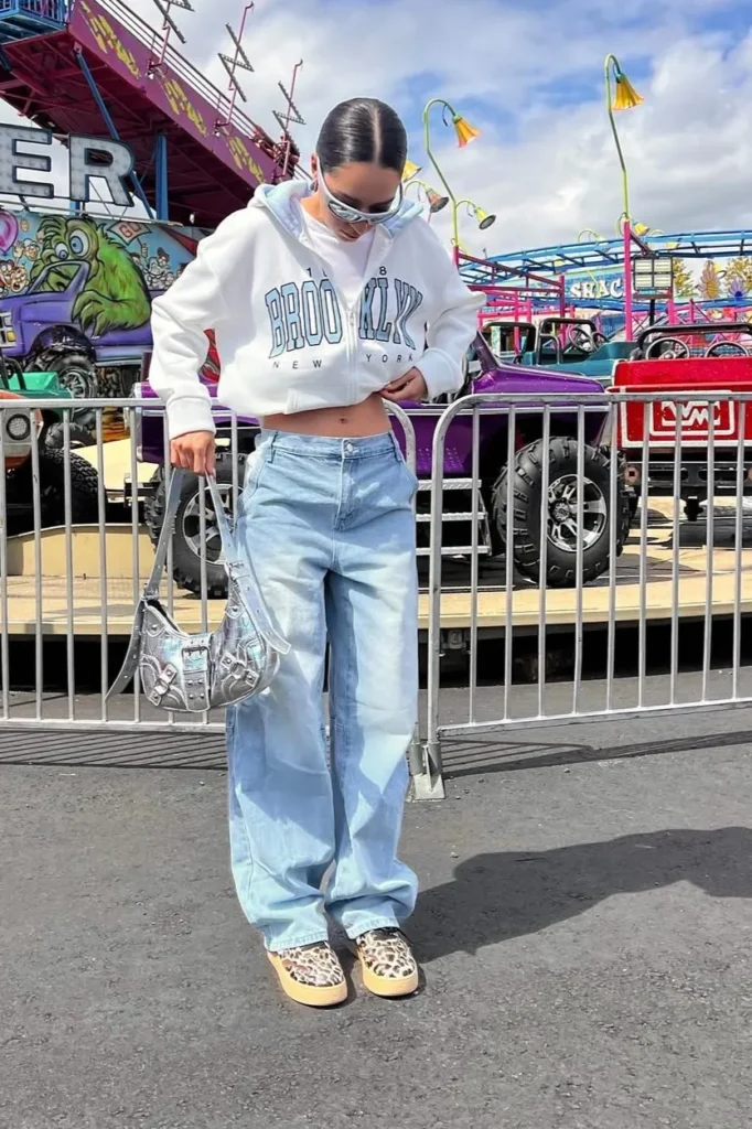 White Hoodie with Light Wash Baggy Jeans and Leopard Sneakers