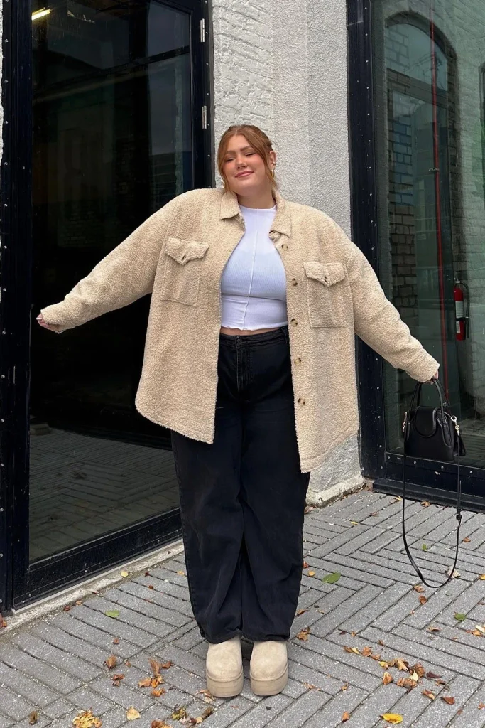 19. Beige Sherpa Jacket with White Crop Top and Black Wide-Leg Pants