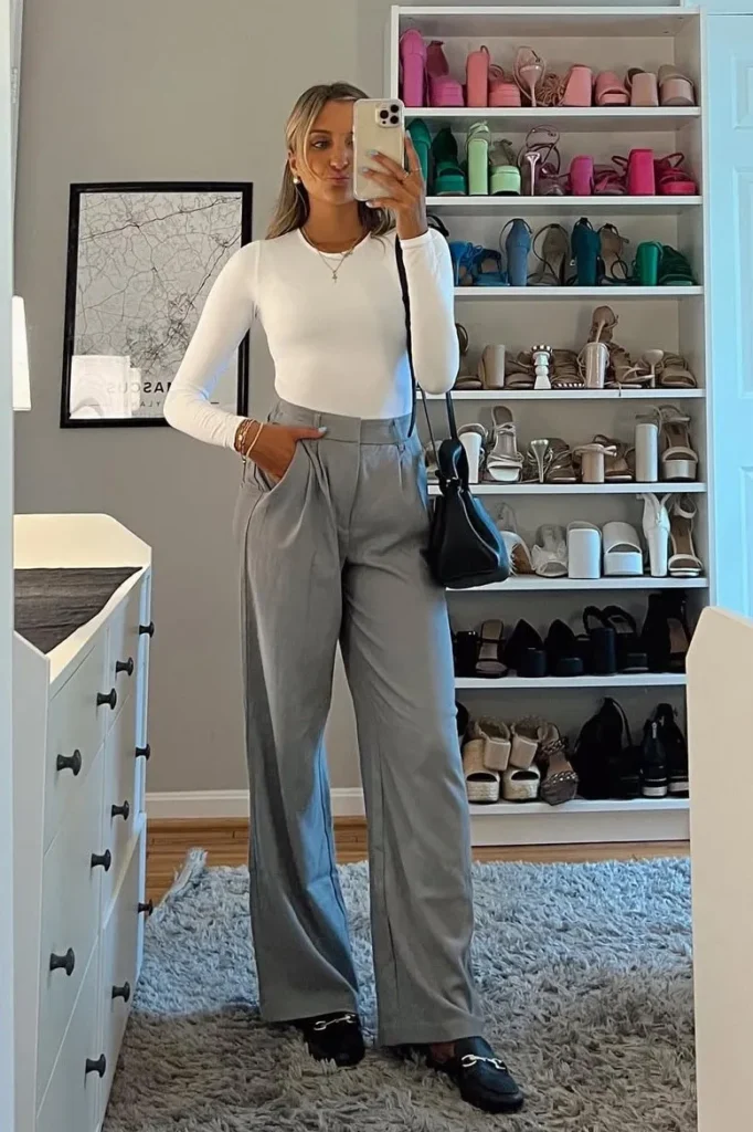 White Long-Sleeve Top with Gray Trousers and Black Loafers