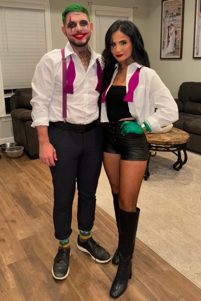 White Shirt with Purple Suspenders and White Shirt with Black Shorts