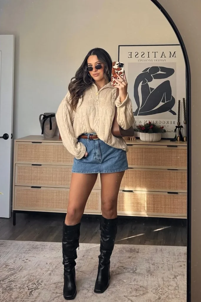 Cream Cable Knit Sweater with Denim Mini Skirt and Black Boots