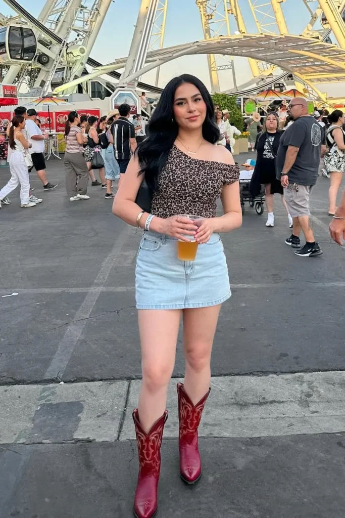 Leopard Off-Shoulder Top with Denim Skirt and Red Boots