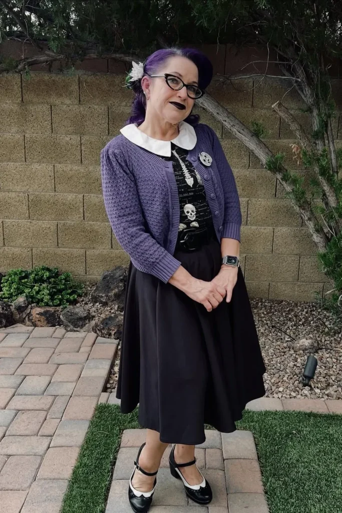 2. Purple Cardigan with Black Collared Top and Black Midi Skirt