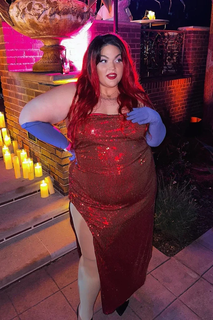 Red Sequin Strapless Dress with Blue Gloves