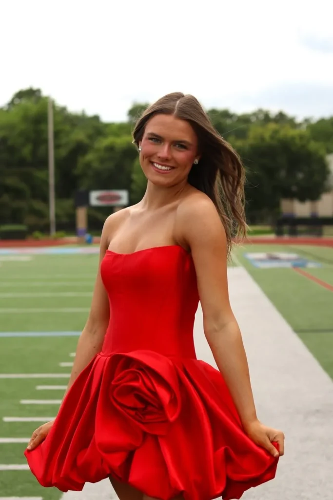 Red Strapless Mini Dress with Rosette Detail
