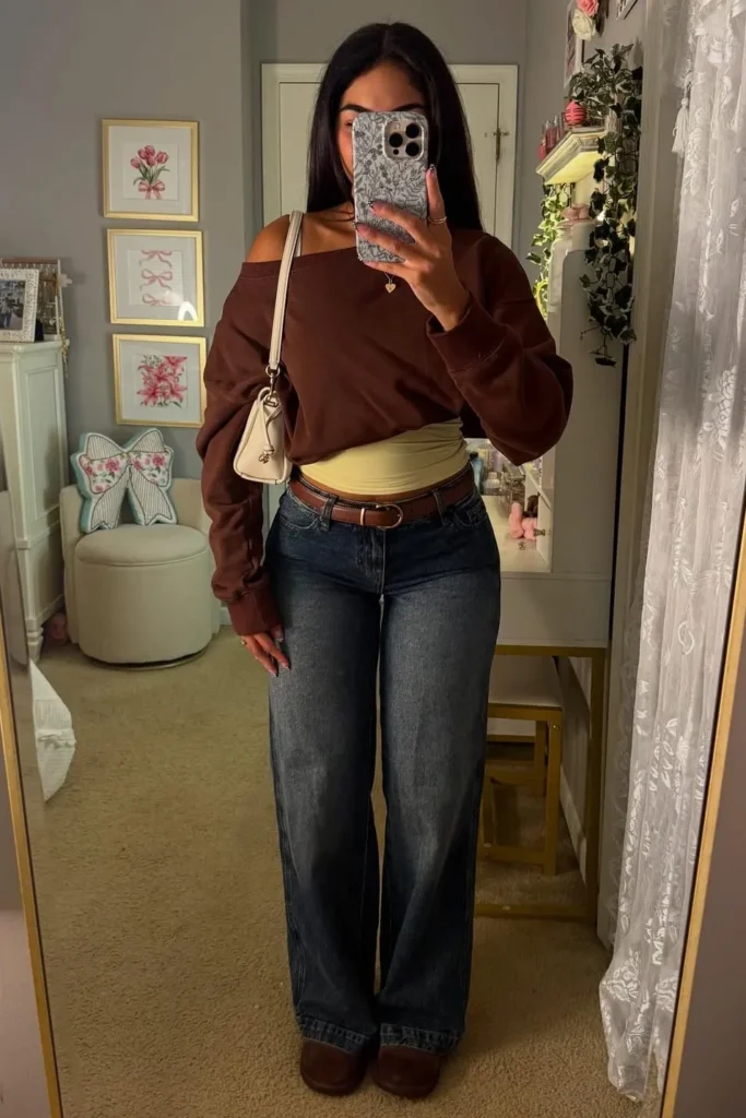 Brown Off-Shoulder Sweatshirt with Dark-Wash Jeans and Brown Shoes