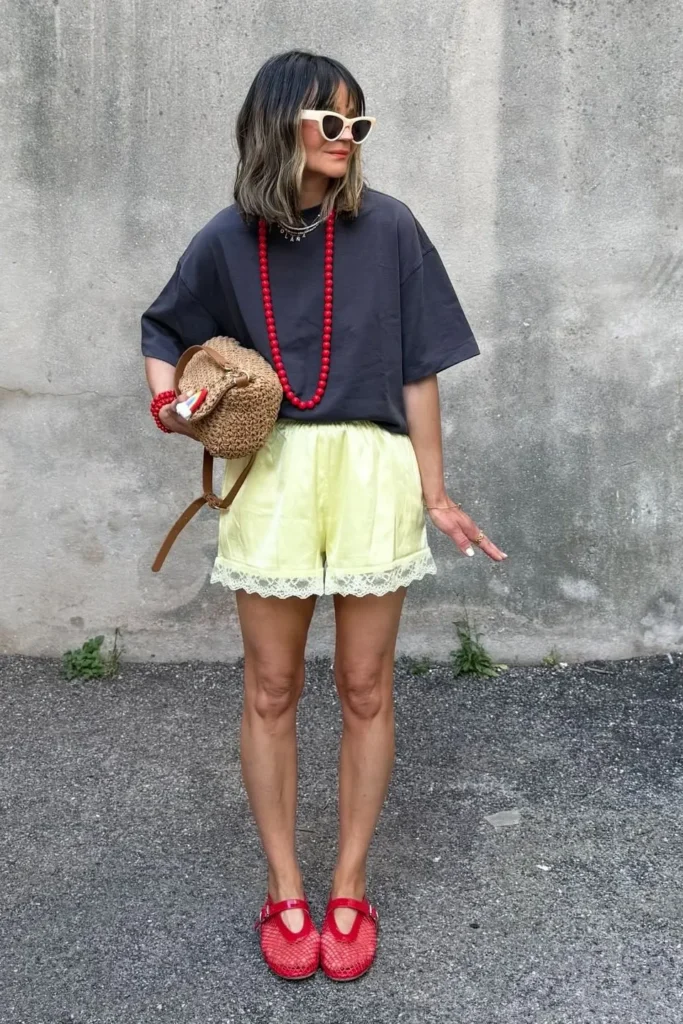 Charcoal Oversized T-Shirt with Lime Lace Trim Shorts