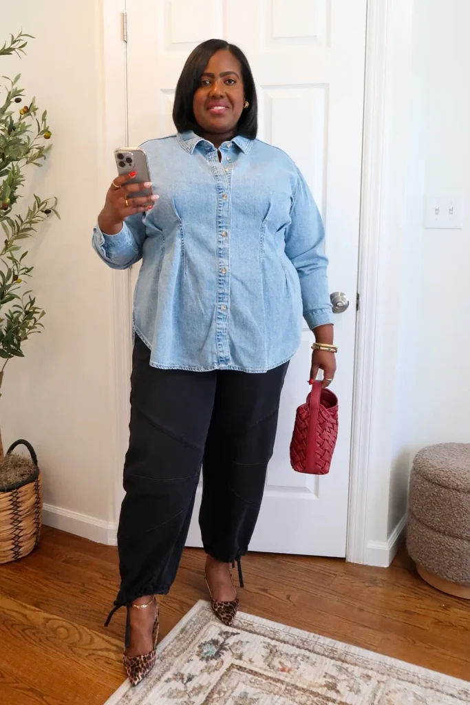 20. Light Blue Denim Shirt with Black Cropped Pants and Leopard Print Heels