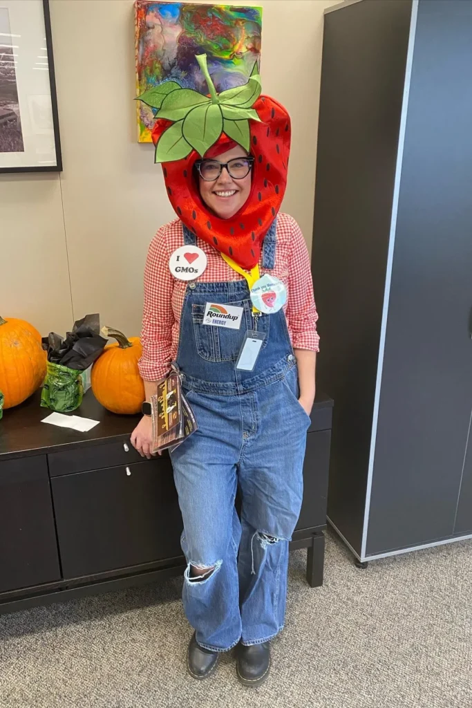 20. Red Gingham Shirt with Denim Overalls and Strawberry Headpiece
