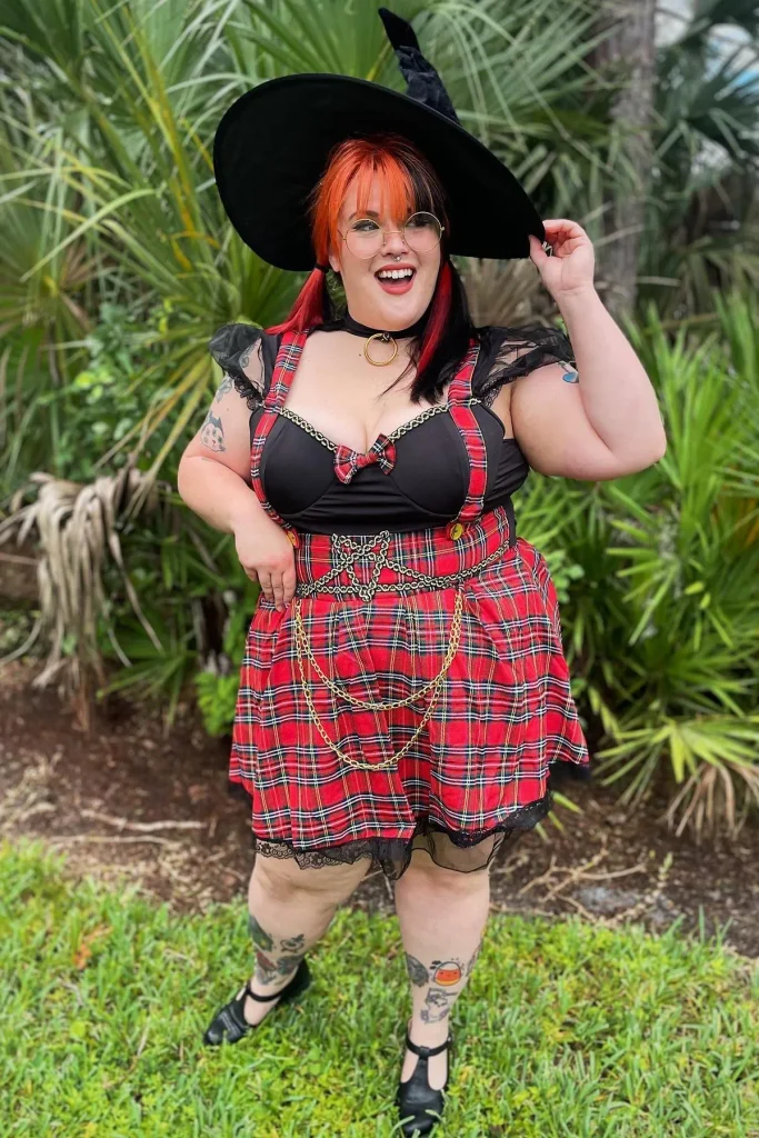 Red Plaid Mini Dress with Black Witch Hat