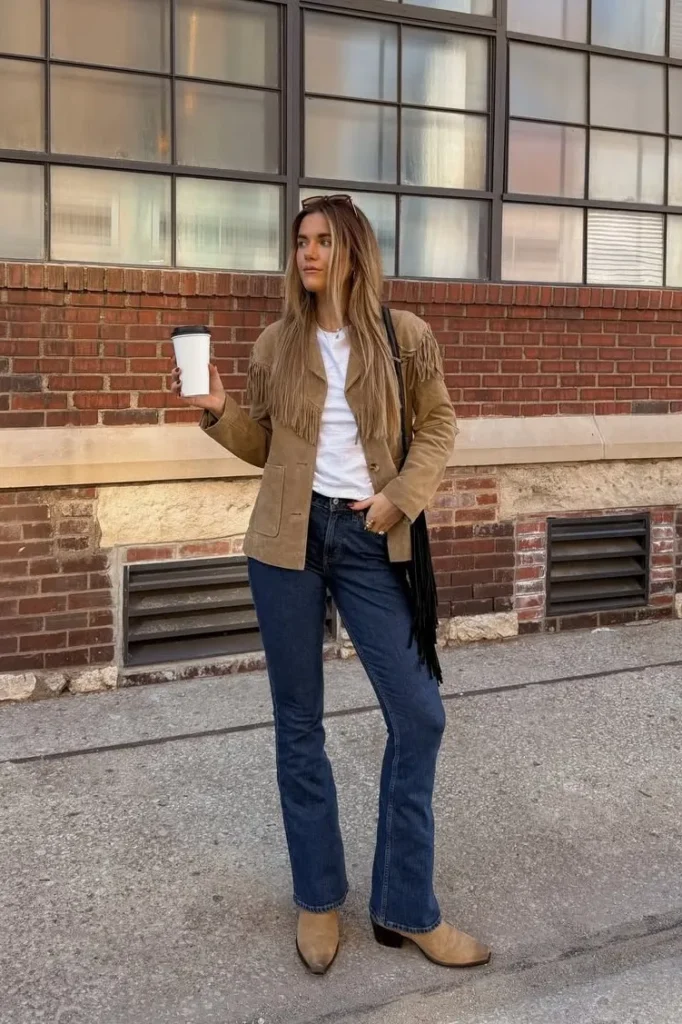 Tan Fringe Jacket with a White Tee and Dark Jeans
