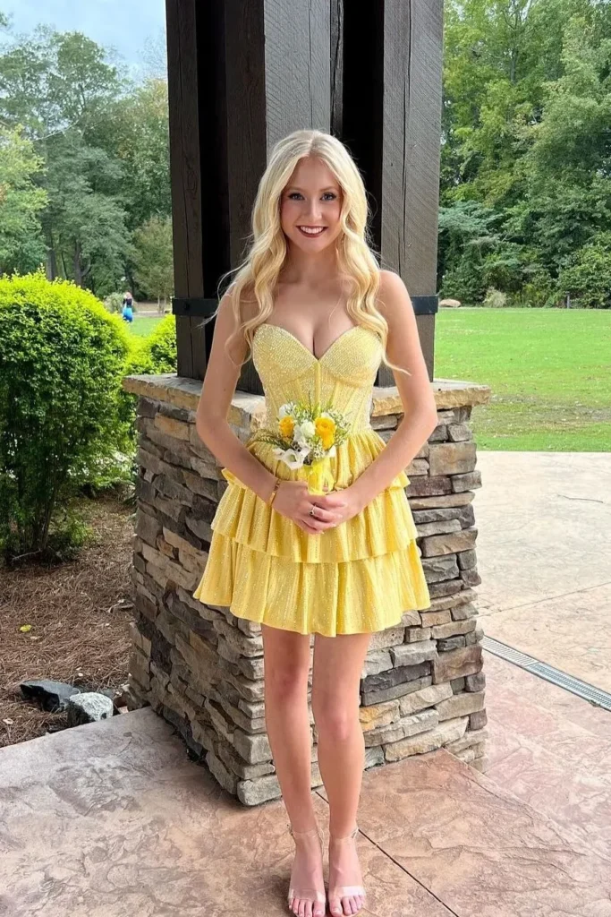 Yellow Tiered Strapless Mini Dress with Clear Heels
