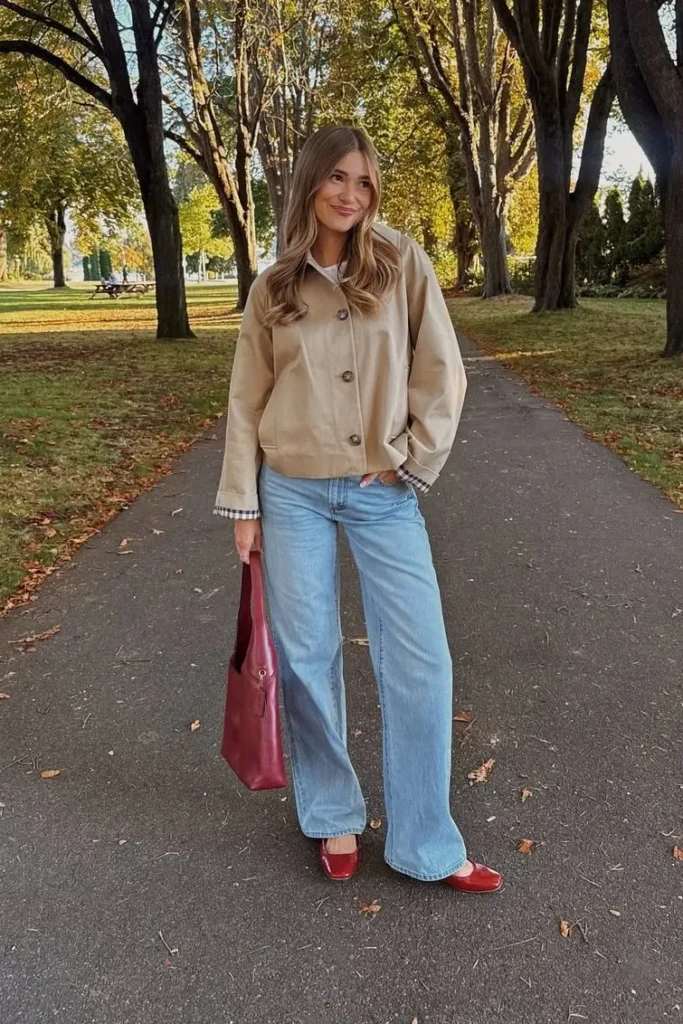 Beige Button Jacket with Light-Wash Wide-Leg Jeans and Red Flats