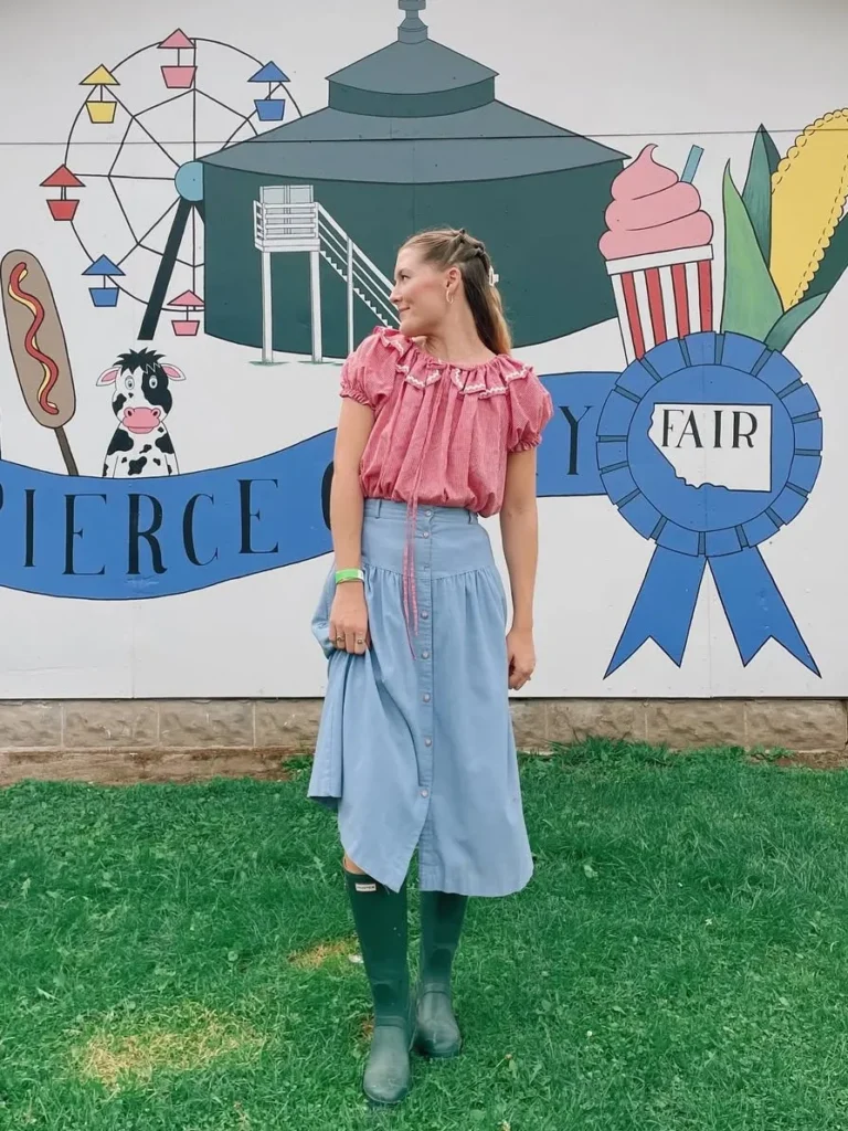 Pink Gingham Blouse with a Blue Button-Front Midi Skirt