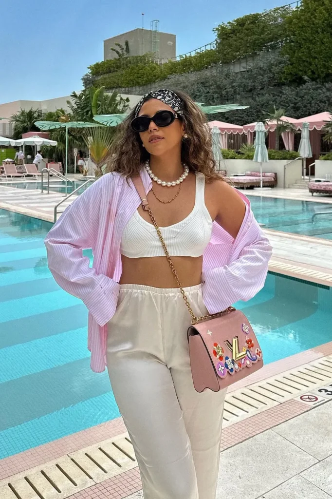 Pink Striped Shirt with White Crop Top and White Pants