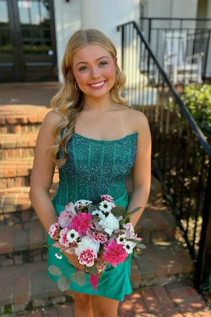 Teal Rhinestone Corset Mini Dress with Strapless Neckline