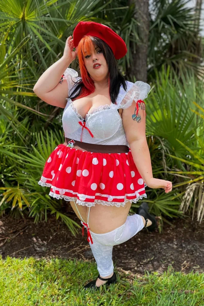 White Lace Top with Red Polka Dot Skirt and Red Beret