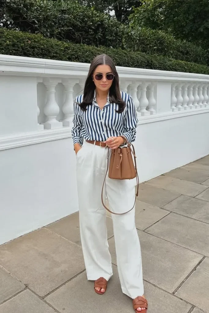Blue Striped Button Up Shirt with White Wide Leg Pants