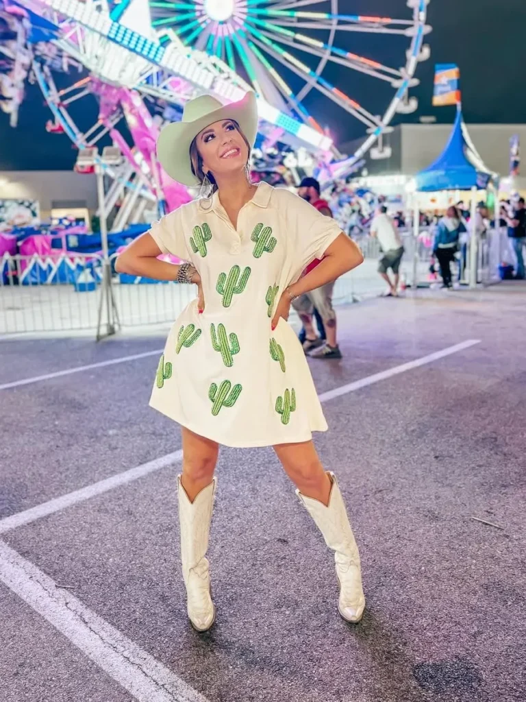 Cream Cactus-Print Dress with White Cowboy Boots