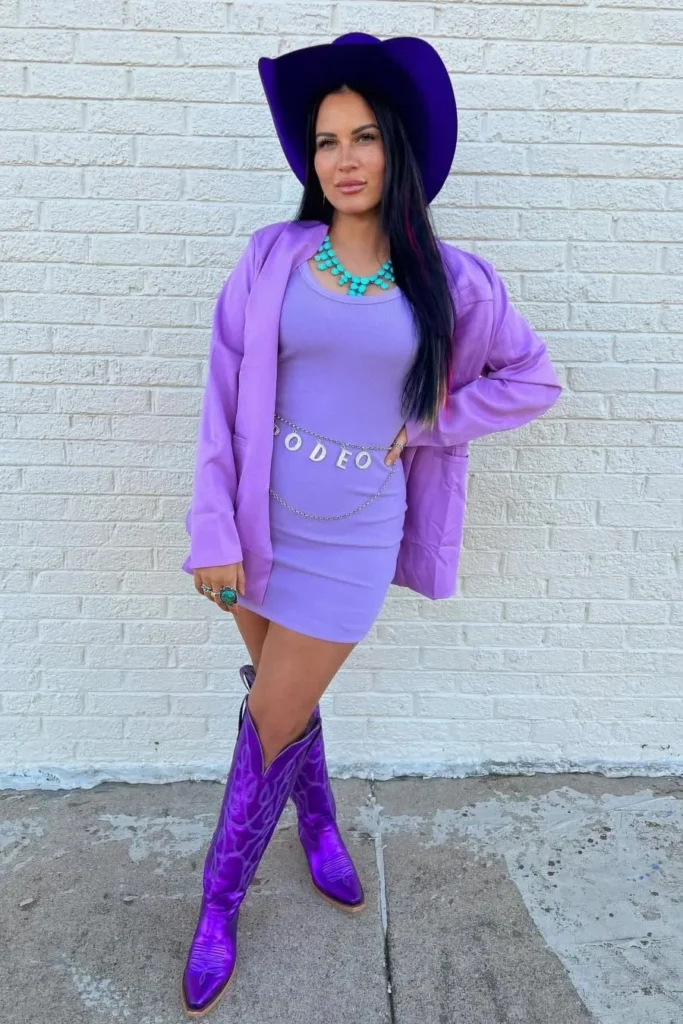 Lilac Mini Dress with a Purple Blazer and Cowboy Boots