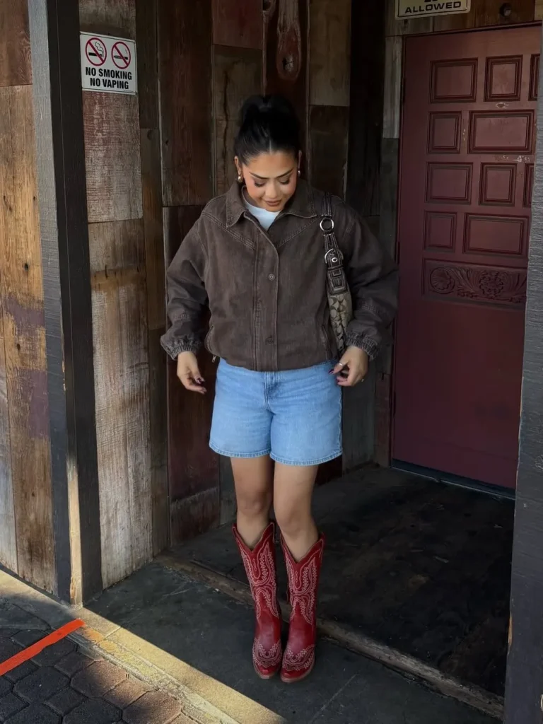 Brown Denim Jacket with Denim Shorts and Red Cowboy Boots
