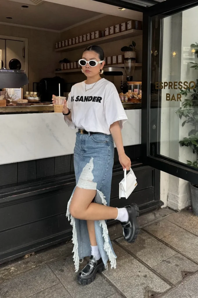 White Graphic T-Shirt with Distressed Denim Midi Skirt