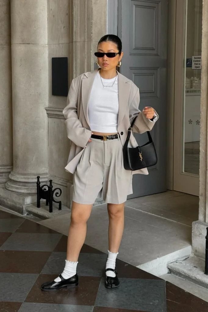 Beige Blazer with White Crop Top and Beige Shorts