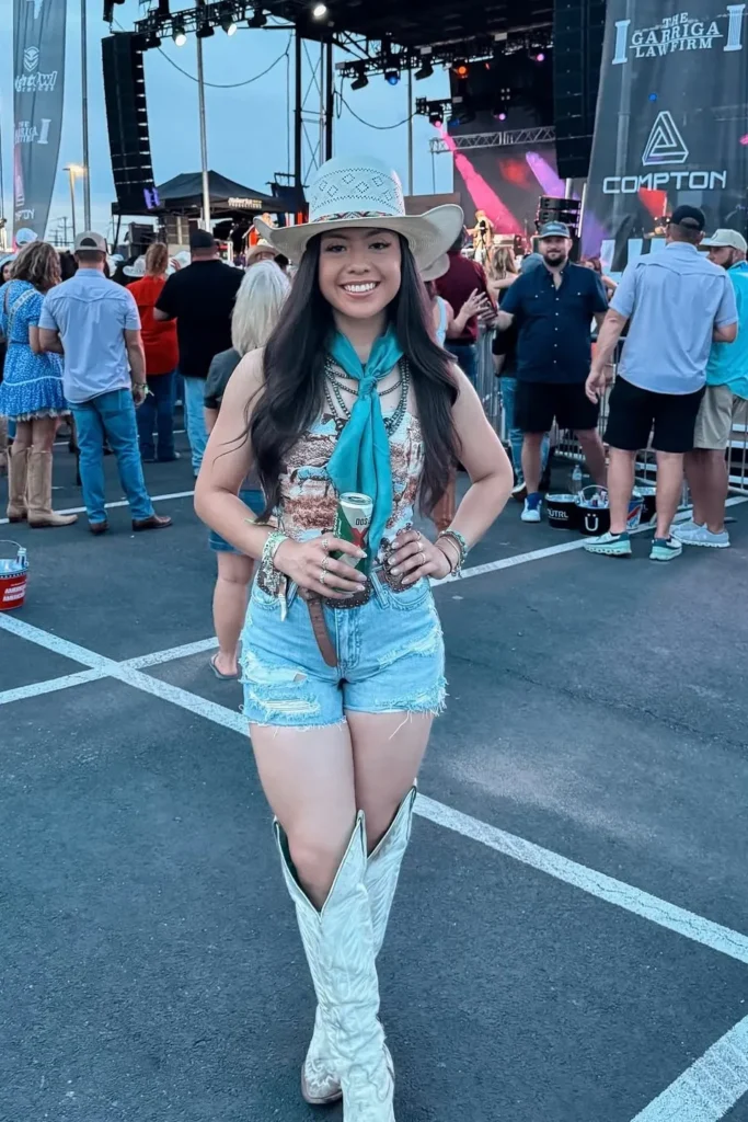 Western Print Top with Denim Shorts and White Cowboy Boots