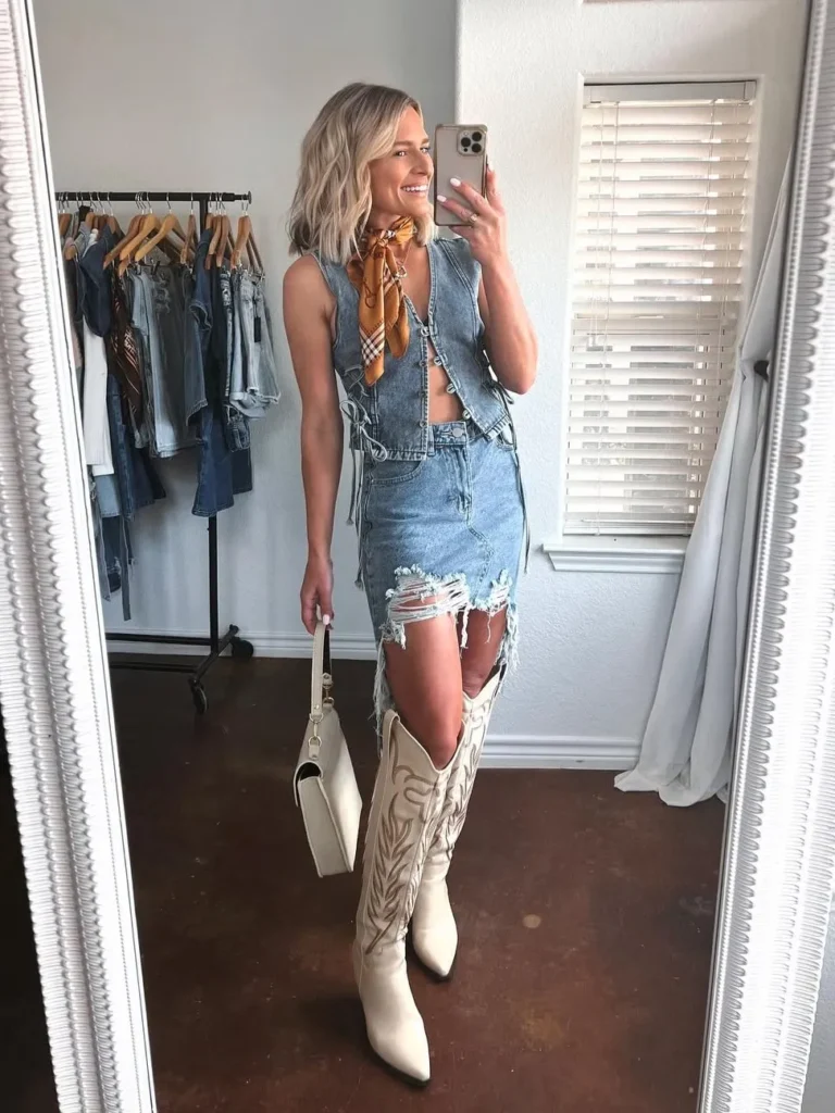 Denim Vest with a Distressed Denim Skirt and White Boots
