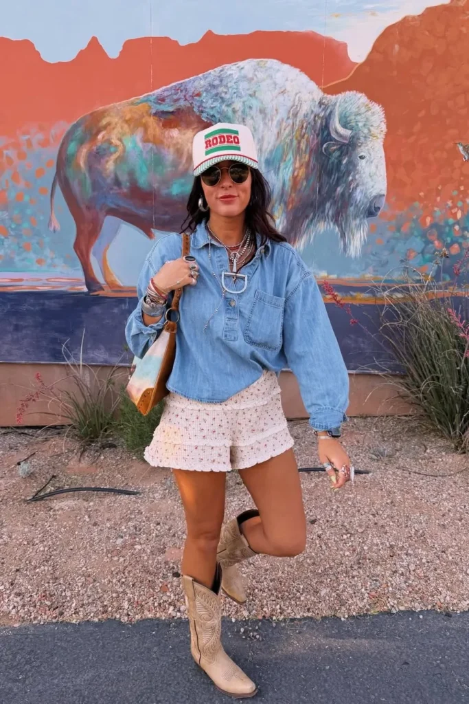 Light Denim Shirt with Ruffle Shorts and Tan Cowboy Boots