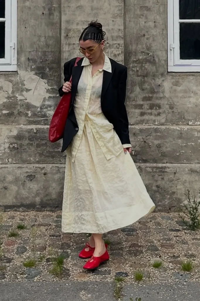 Black Blazer with Cream Button Up Shirt and Cream Midi Skirt