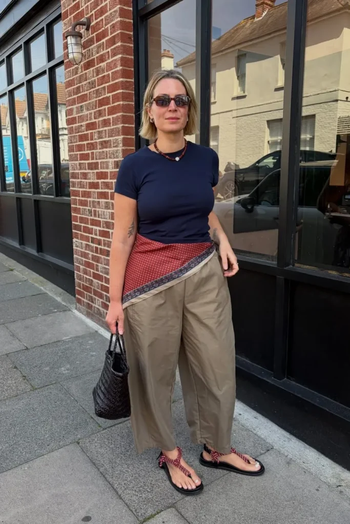 Navy T-Shirt with Brown Wide Leg Pants