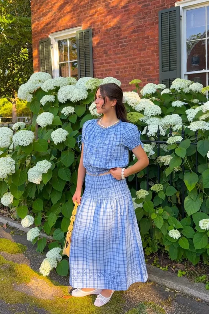 Blue Plaid Crop Top with Blue Plaid Midi Skirt
