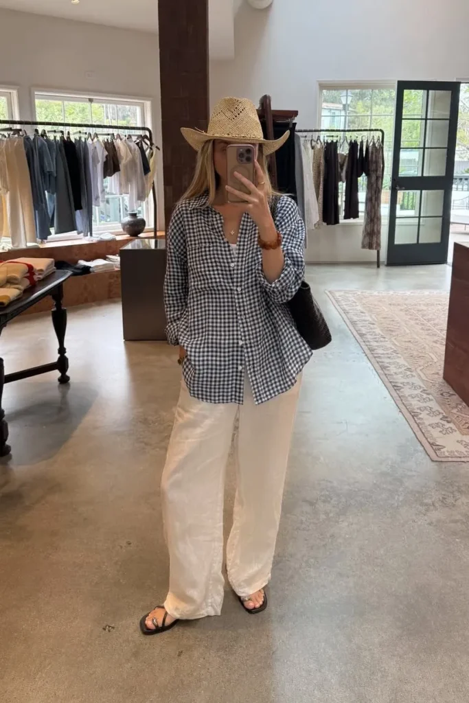 Black Gingham Button Up Shirt with White Wide Leg Pants