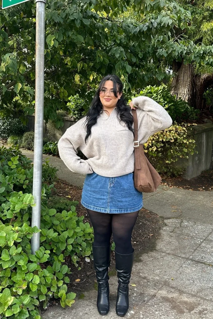 3. Beige Knit Sweater with Denim Mini Skirt and Black Knee-High Boots