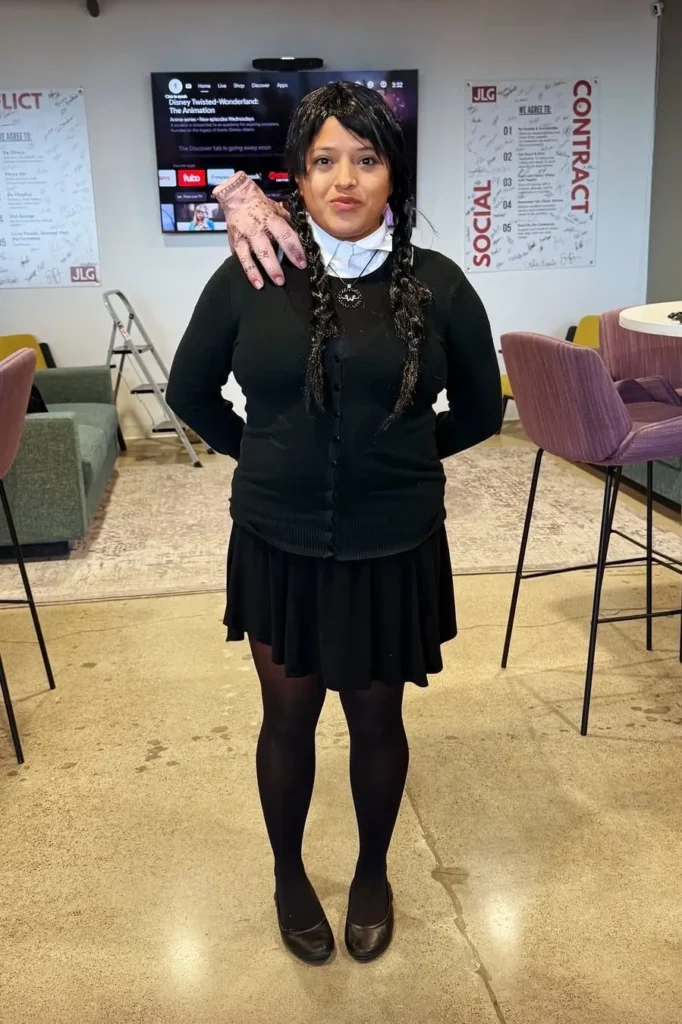 3. Black Cardigan with White Collared Shirt and Black Skirt