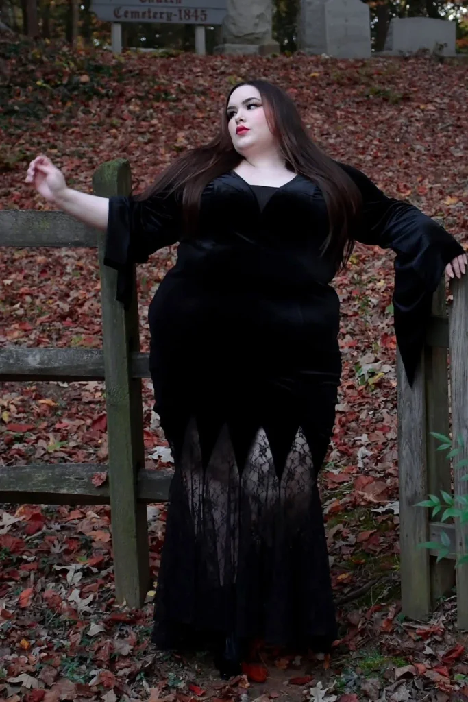 Black Velvet Maxi Dress with Lace Hem and Bell Sleeves