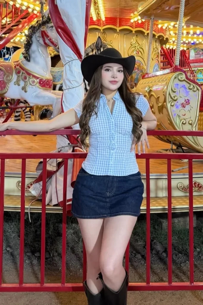 Blue Gingham Blouse with Dark Denim Mini Skirt and Black Cowboy Boots
