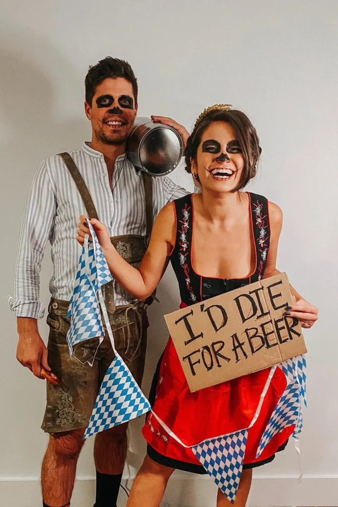 Striped Shirt with Lederhosen and Black Dirndl with Red Skirt