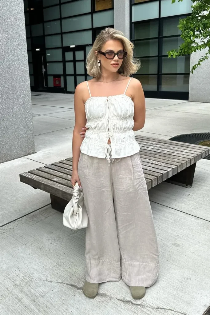 3. White Tie Front Cami Top with Beige Wide Leg Pants