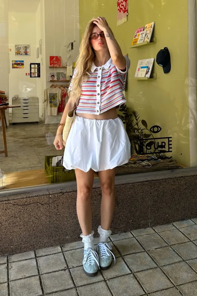 Striped Knit Crop Top with White Bubble Skirt