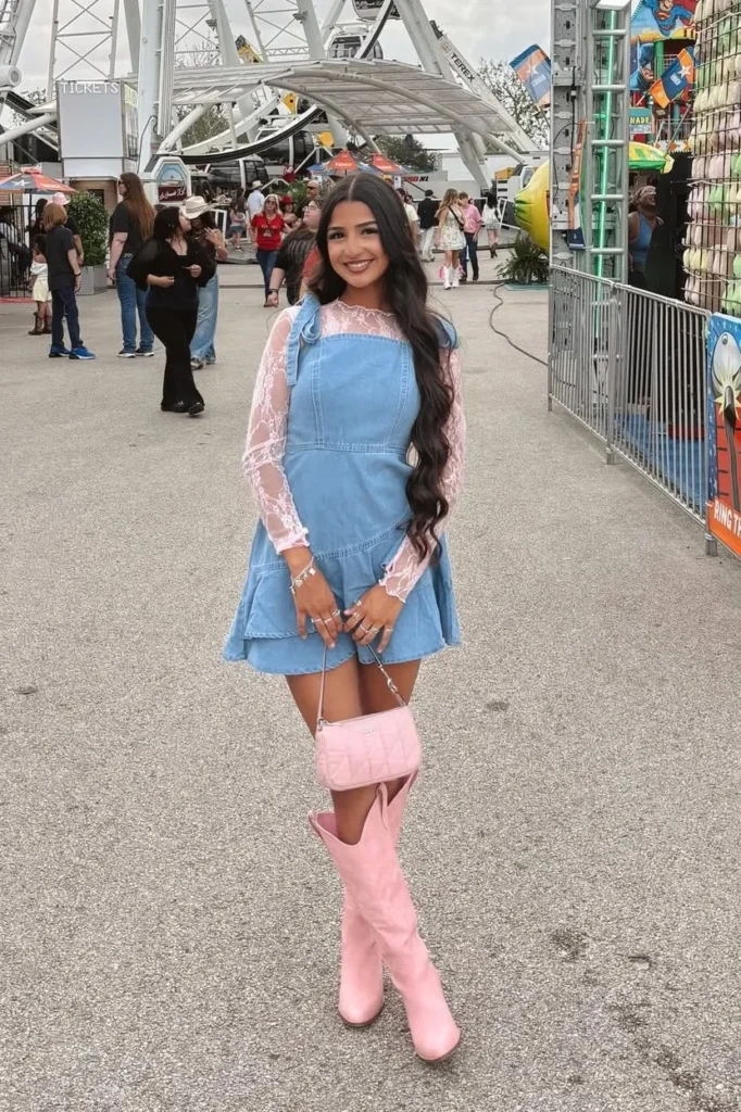 Denim Pinafore Dress with Pink Lace Top and Pink Boots