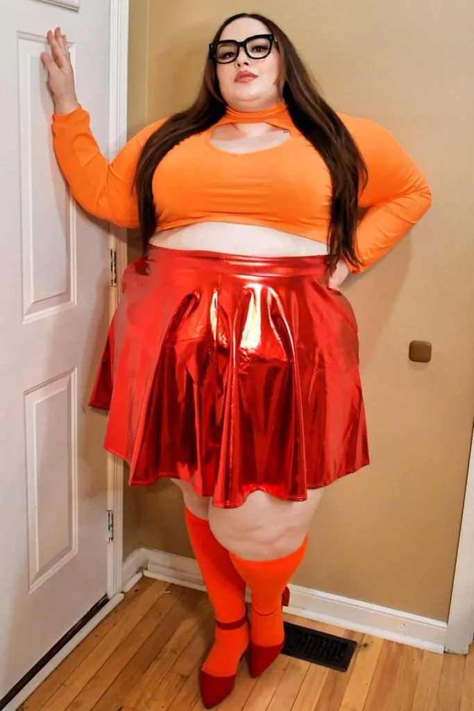 Orange Crop Top with Metallic Red Skirt and Orange Socks