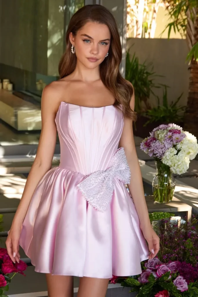 Pink Satin Corset Mini Dress with Pearl Bow Detail