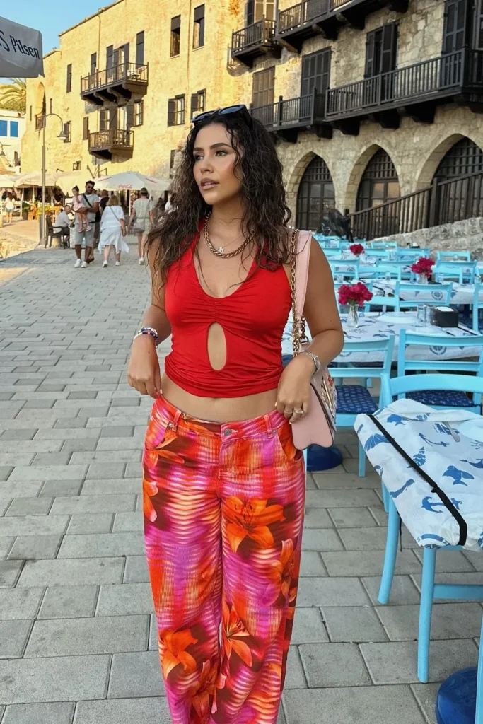 Red Sleeveless Cutout Top with Pink Floral Pants