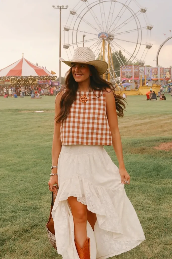Rust Gingham Top with White Maxi Skirt and Tan Cowboy Boots