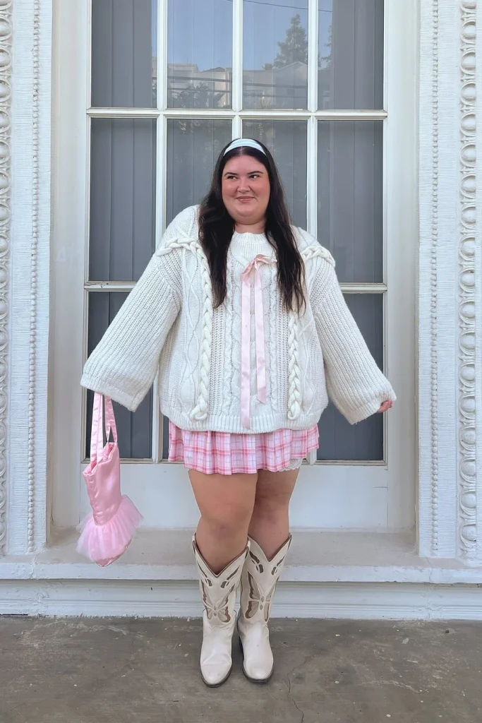 4. White Cable Knit Sweater with Pink Plaid Mini Skirt and White Cowboy Boots