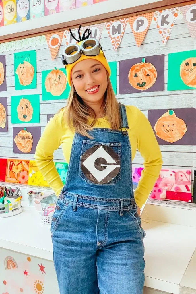 4. Yellow Long Sleeve Top with Denim Overalls and Yellow Hat