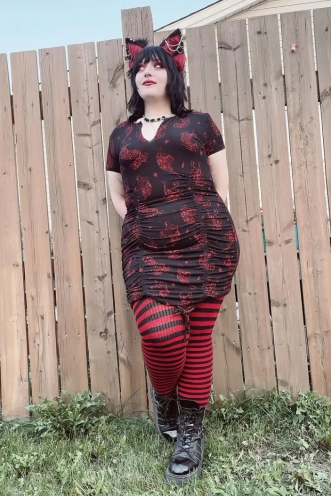 Black Printed Mini Dress with Red Striped Tights and Cat Ears