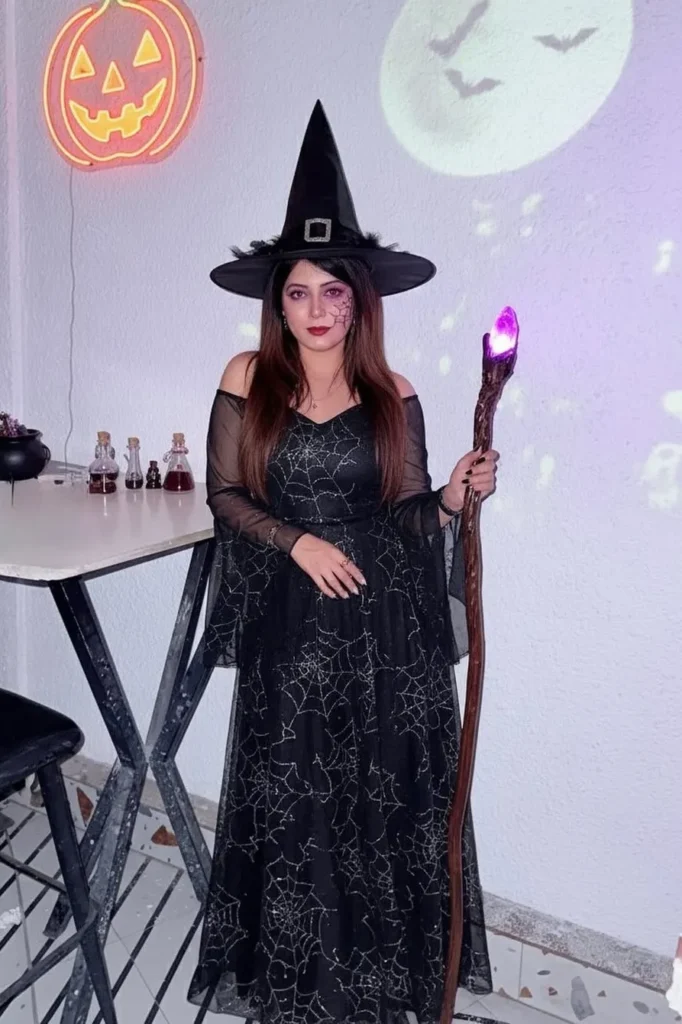 5. Black Spiderweb Dress with Sheer Sleeves and Witch Hat